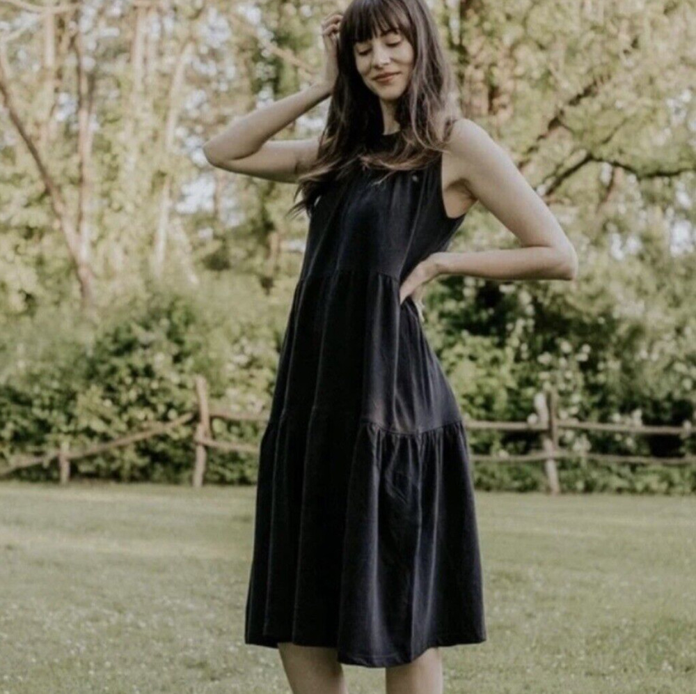 Everlane Womens Midi Dress XS Black The Weekend Tiered Cotton Sleeveless NWOT